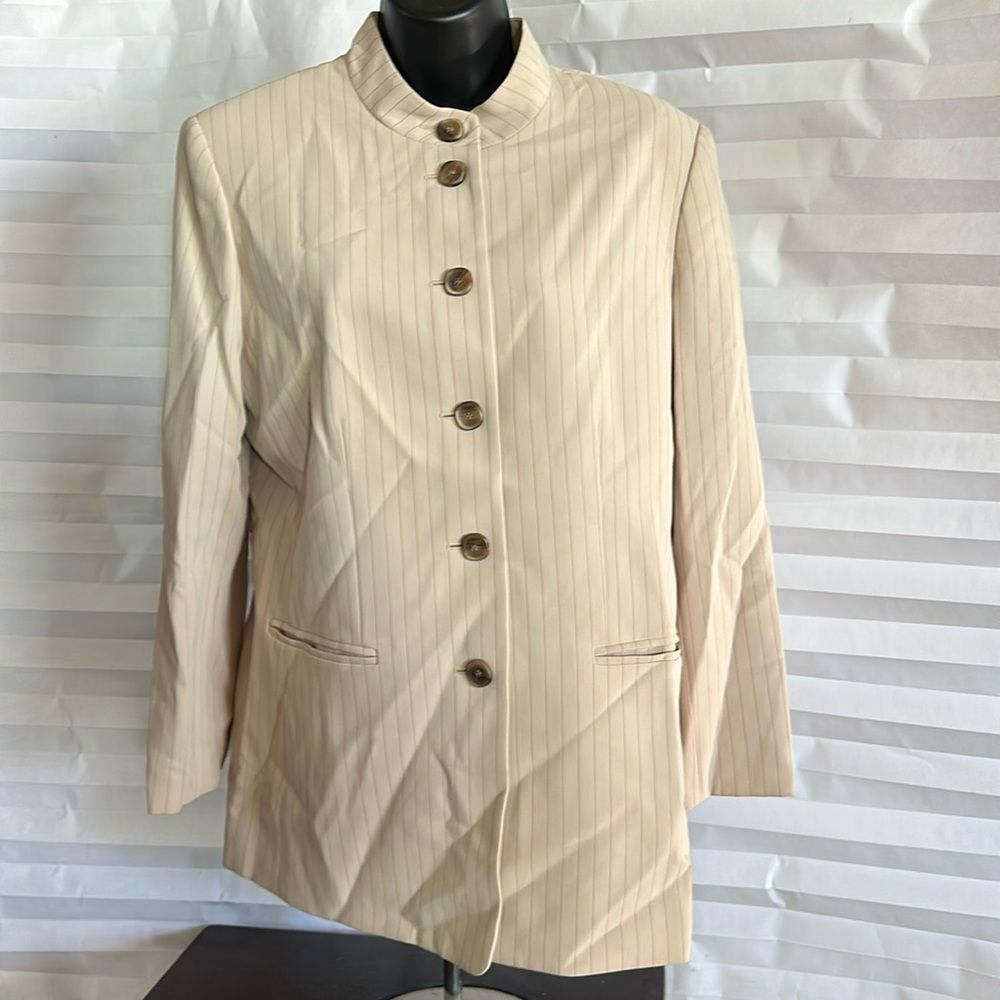 Kasper Women's Beige Brown Pinstripe Jacket Size 12 Mandarin Collar Blazer